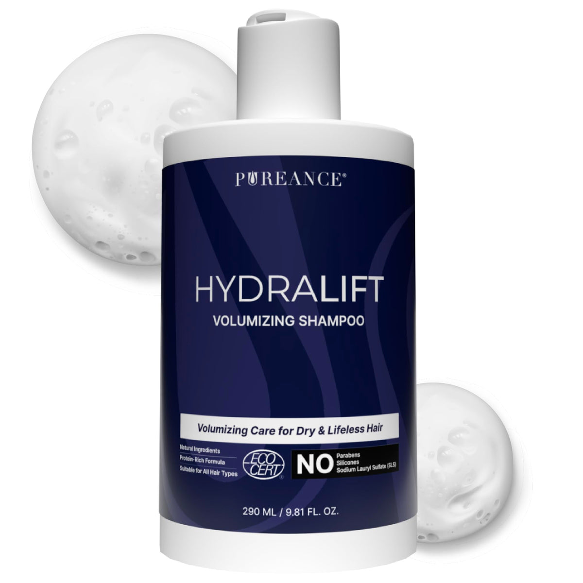 Pureance Hydralift: botella de champú voluminizante para cabello fino, cuerpo y brillo.