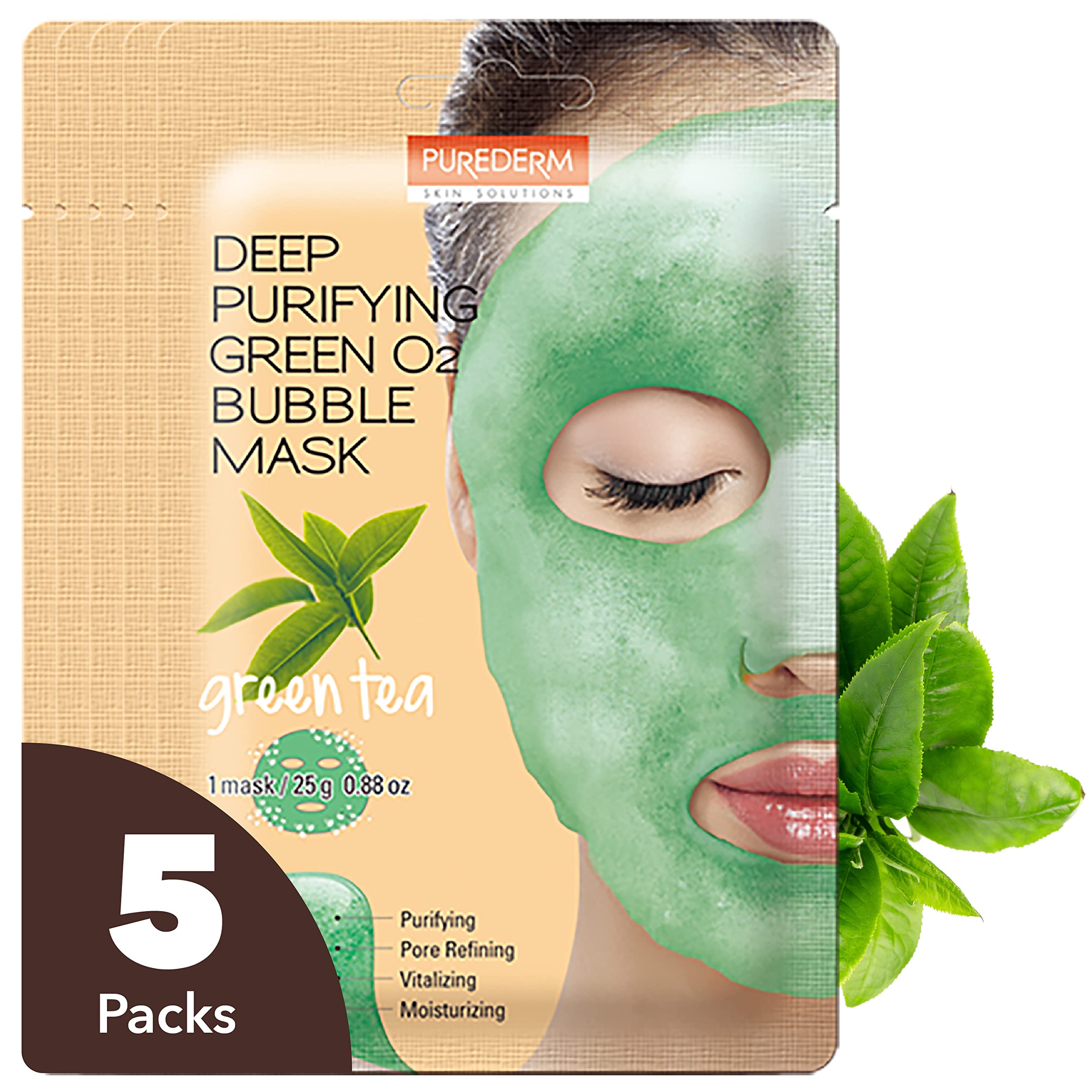 Purederm mascarilla burbujeante verde O2, purifica poros y refresca la piel