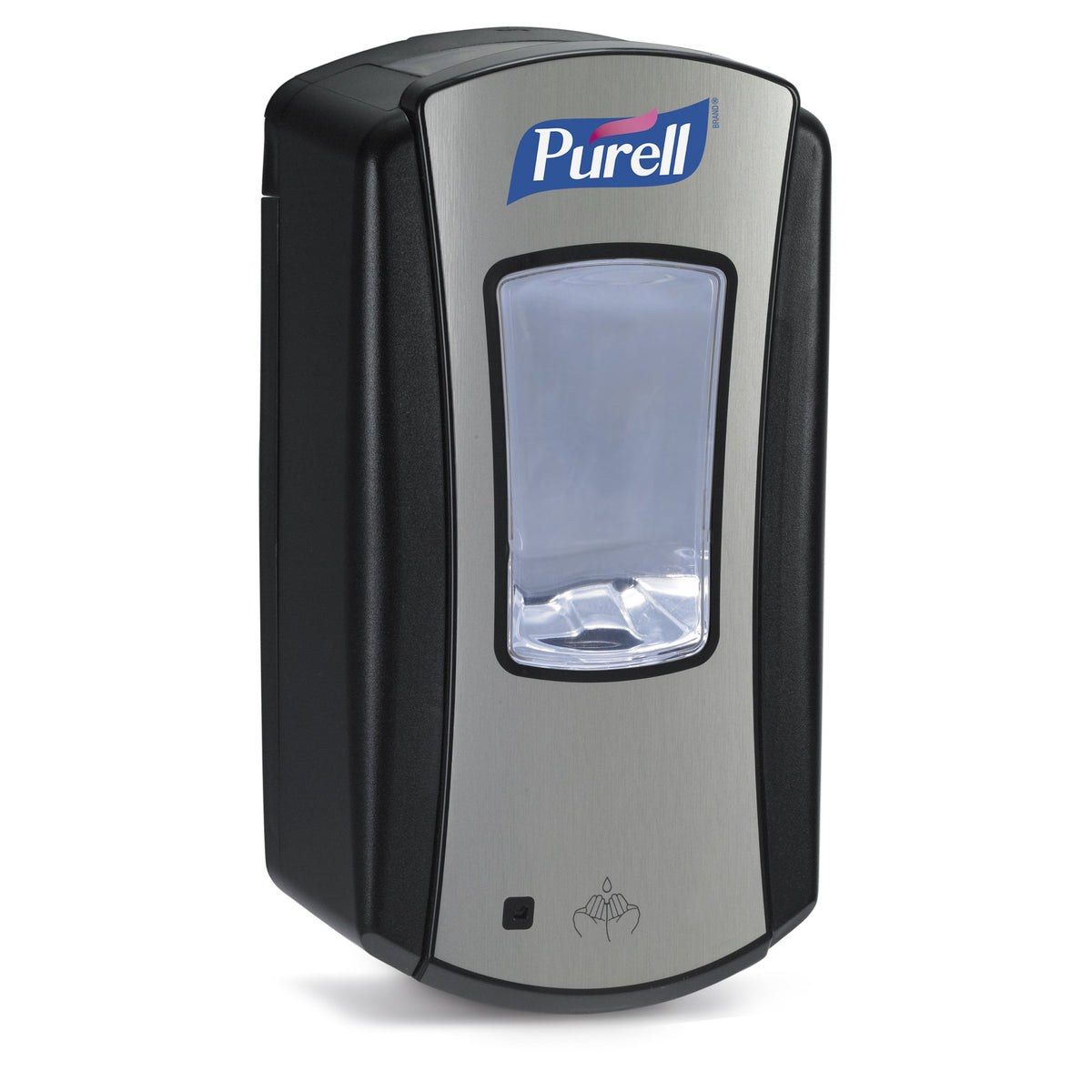 Distributeur Purell LTX-12 sans contact chrome et noir, usage bureau.