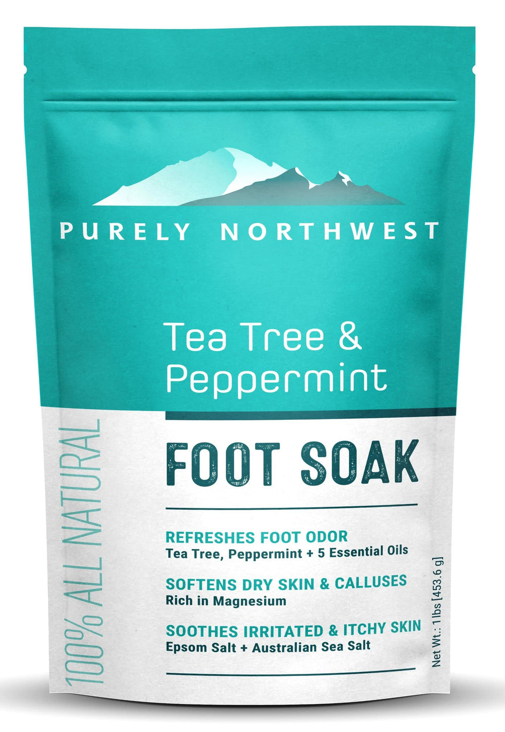 Purely Northwest Tea Tree Foot Soak en botella, aroma natural para pies relajados.