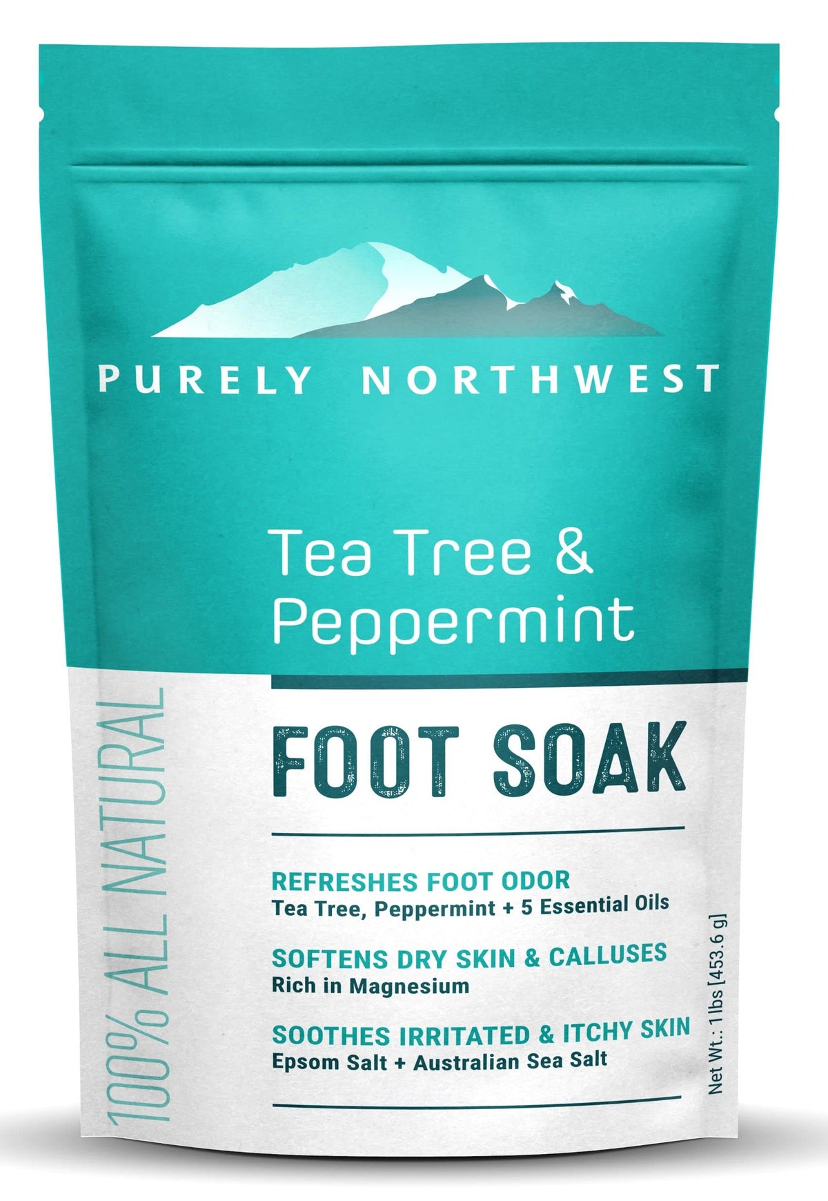 Purely Northwest Tea Tree Foot Soak en botella, aroma natural para pies relajados.