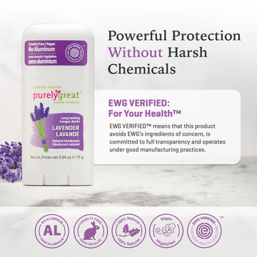 Purelygreat desodorante lavanda formato stick, aplicación cómoda