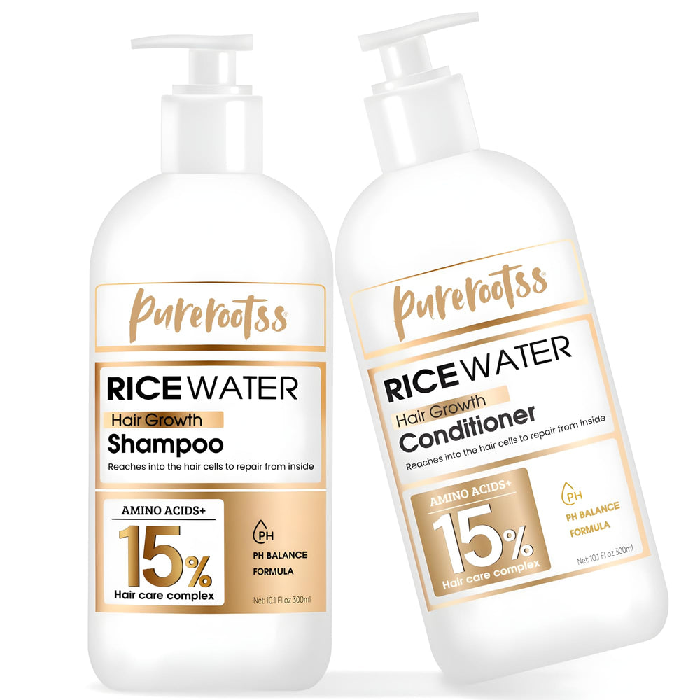 Purerootss champú de agua de arroz en botella, ingrediente nutritivo para cabello fino