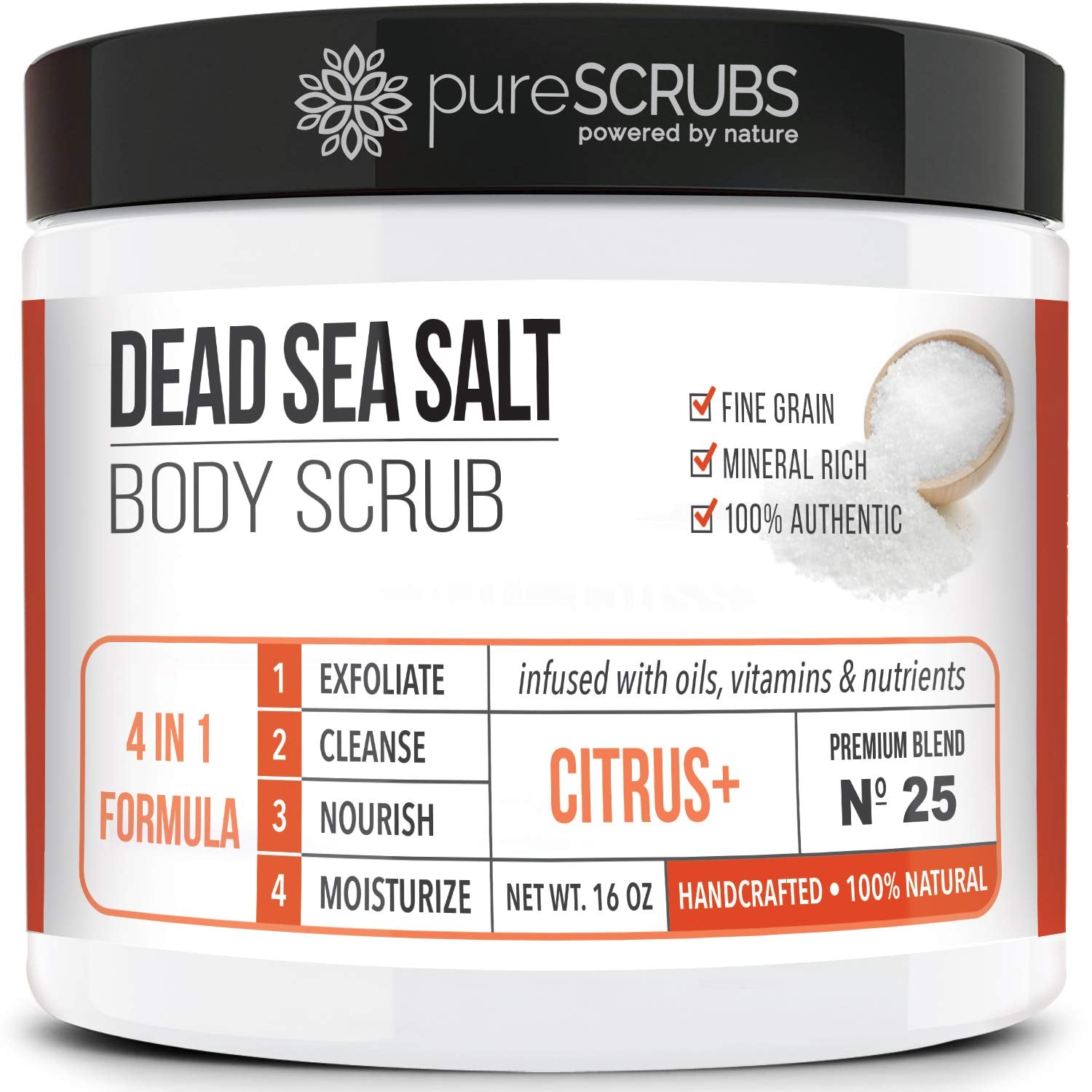 PureSCRUBS Citrus Exfoliante Corporal, bote de 16 oz exfolia suavemente y deja aroma cítrico.