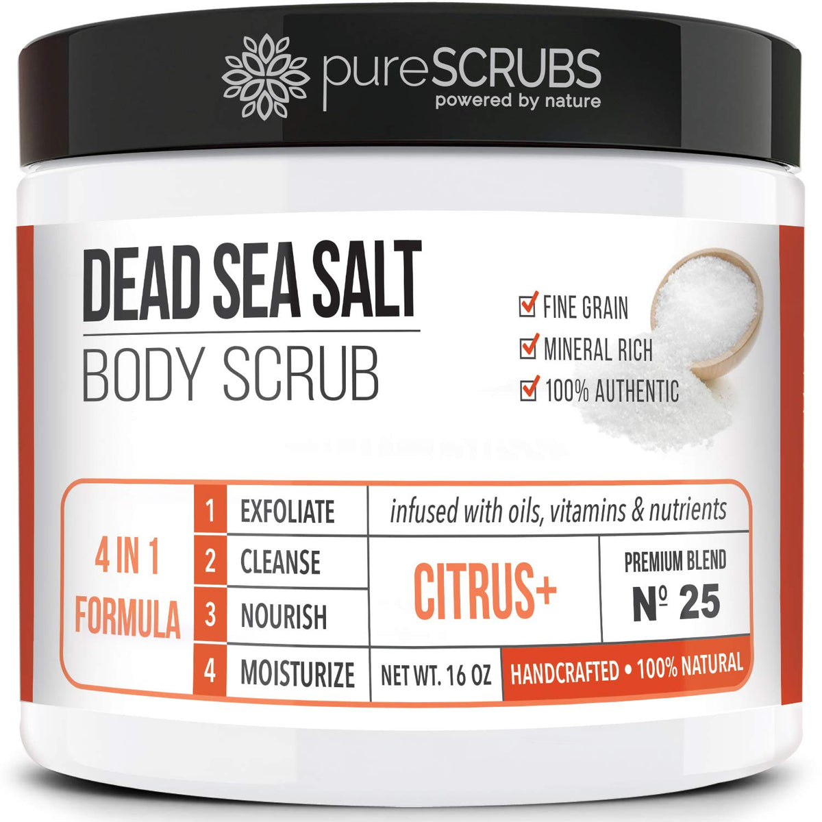 PureSCRUBS Citrus Exfoliante Corporal, bote de 16 oz exfolia suavemente y deja aroma cítrico.