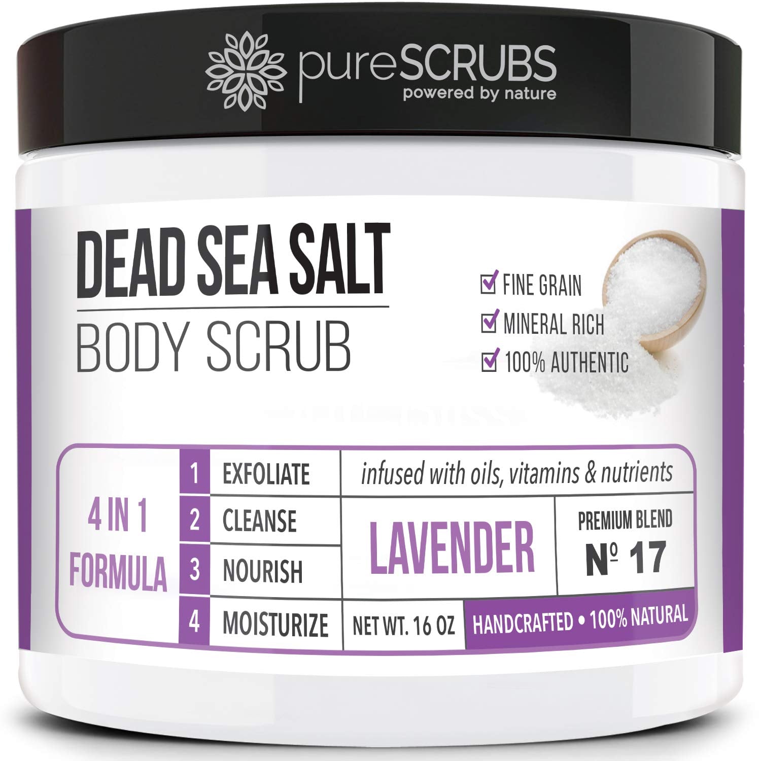 pureSCRUBS Lavanda, jarro 16oz: exfoliación profunda para piel suave.