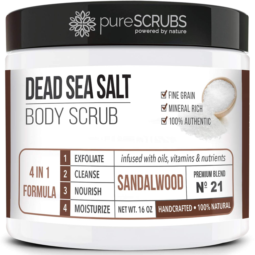pureSCRUBS sal del Mar Muerto exfoliante en frasco para una piel suave.