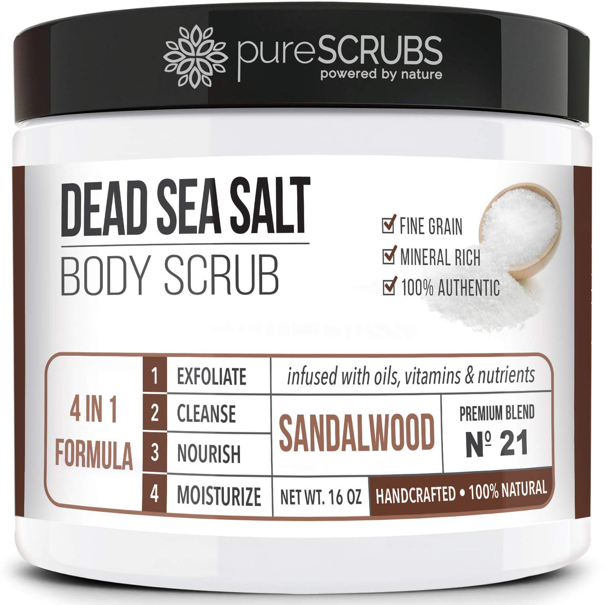 pureSCRUBS sal del Mar Muerto exfoliante en frasco para una piel suave.