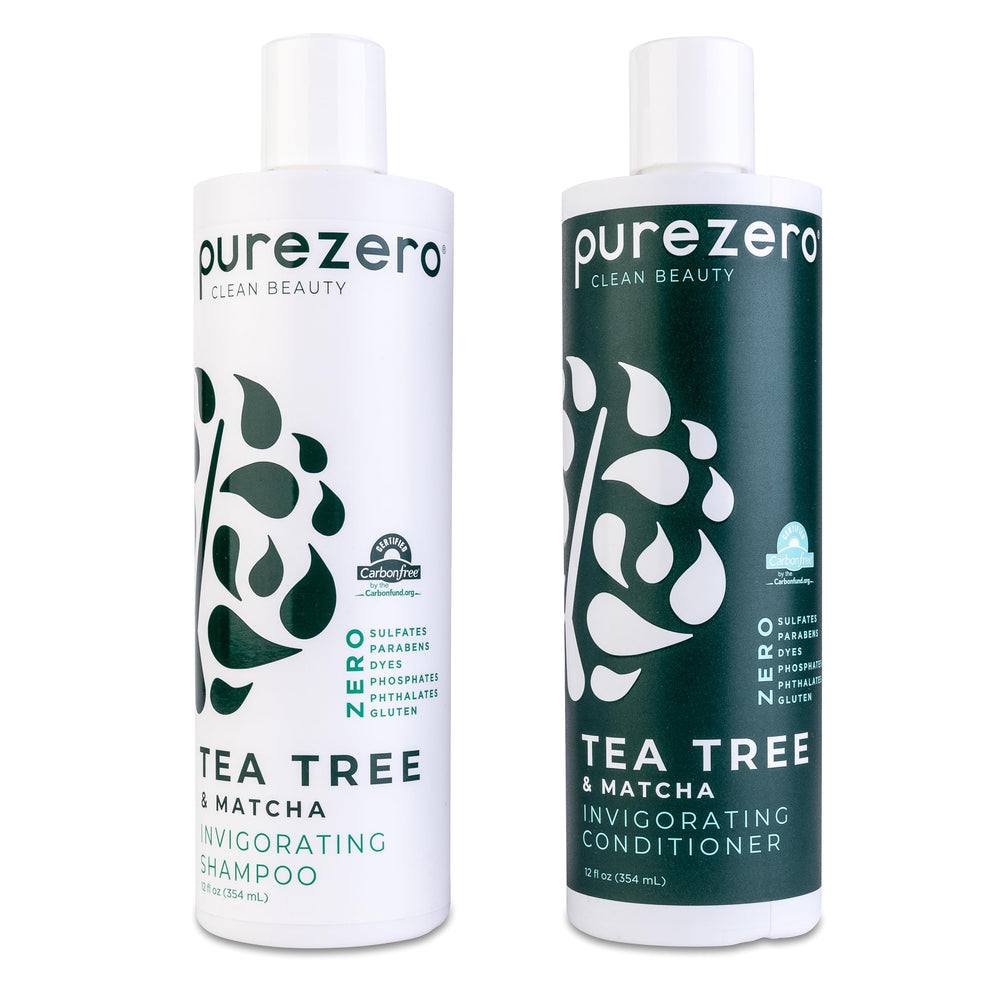 Purezero champú árbol de té y matcha en botella; revitaliza el cuero cabelludo.
