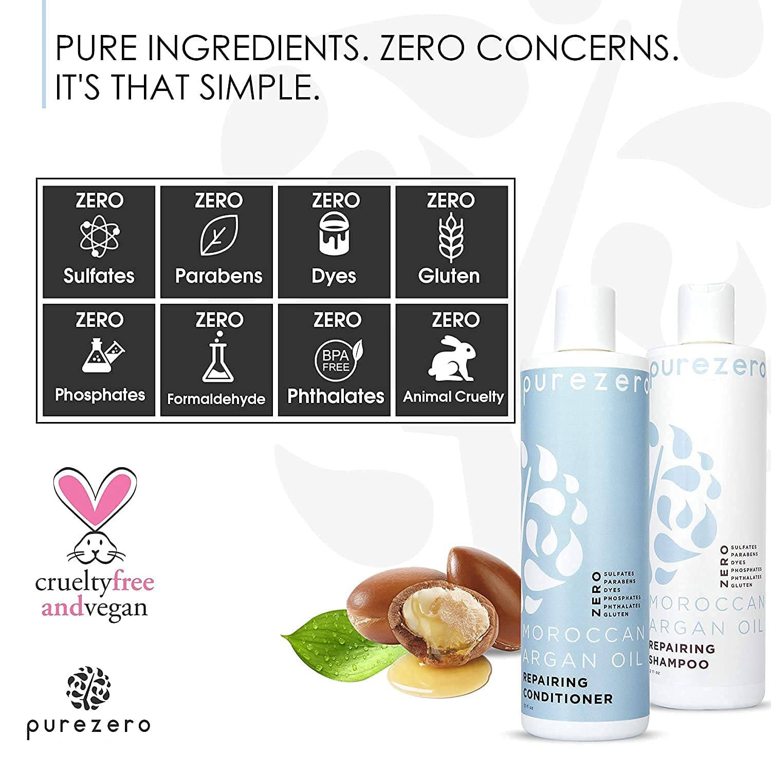 Purezero shampoo botella argán, lavado suave y revitalizante.