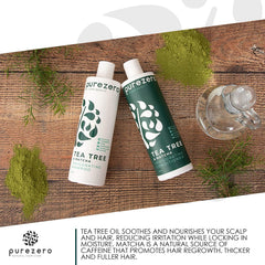 Purezero Tea Tree and Matcha label closeup, clean ingredients, vegan formula.