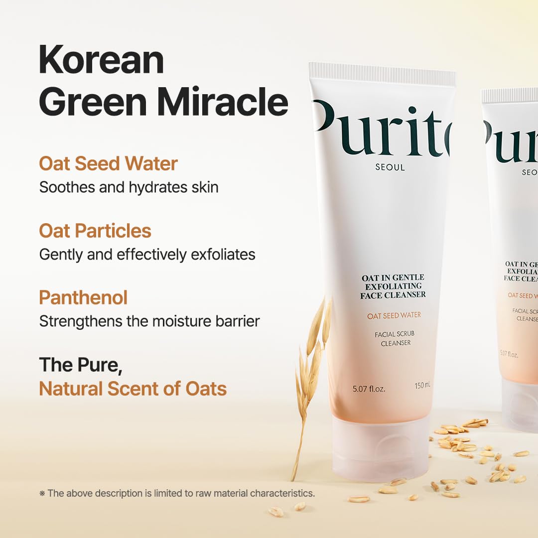 Purito exfoliante avena, aplicación suave, masaje circular para renovación