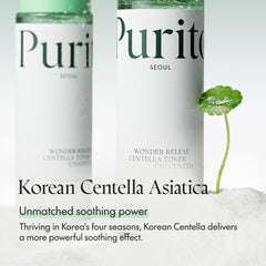Purito Seoul Wonder Releaf Toner con etiqueta mínima, apto para piel sensible.