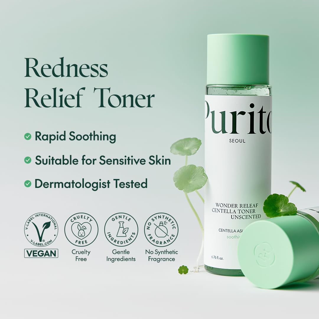 Purito Seoul Wonder Releaf Toner en frasco, rutina diaria calmante.