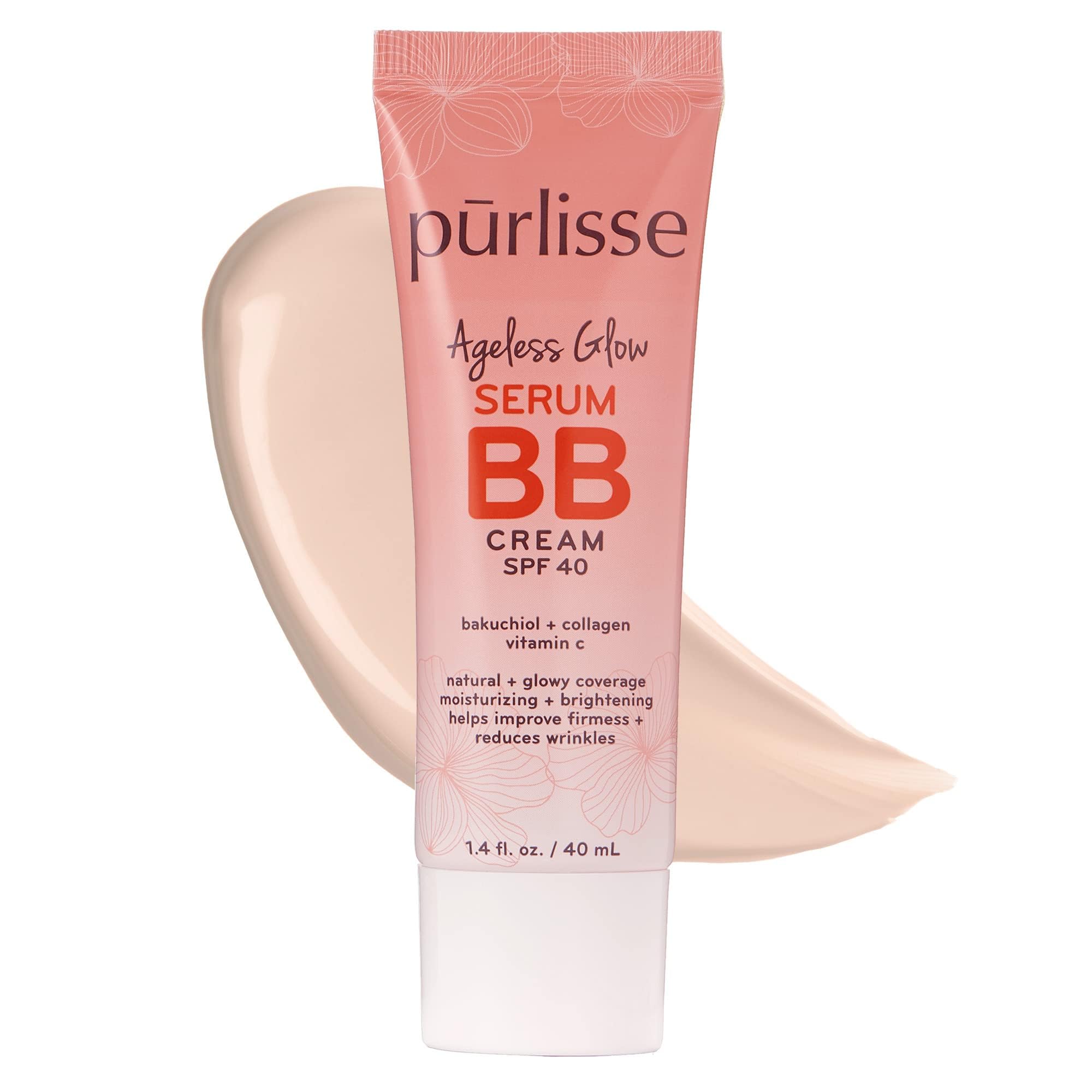 pūrlisse bb crema iluminadora con SPF 40, botella elegante para hidratación y protección solar.