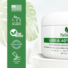 PurOrganica Urea 40% Foot Cream bottle softens calluses and rough skin on feet.