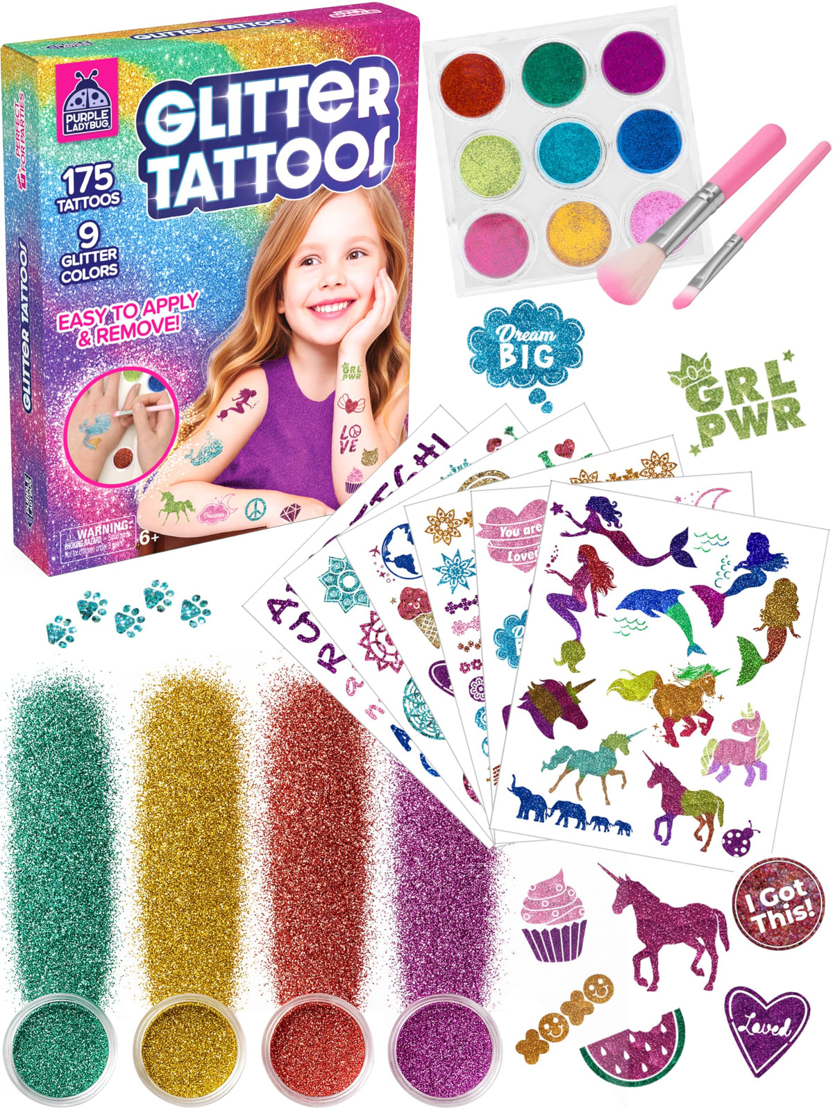 Purple Ladybug kit tatuajes temporales 175 piezas para fiestas sin pegamento
