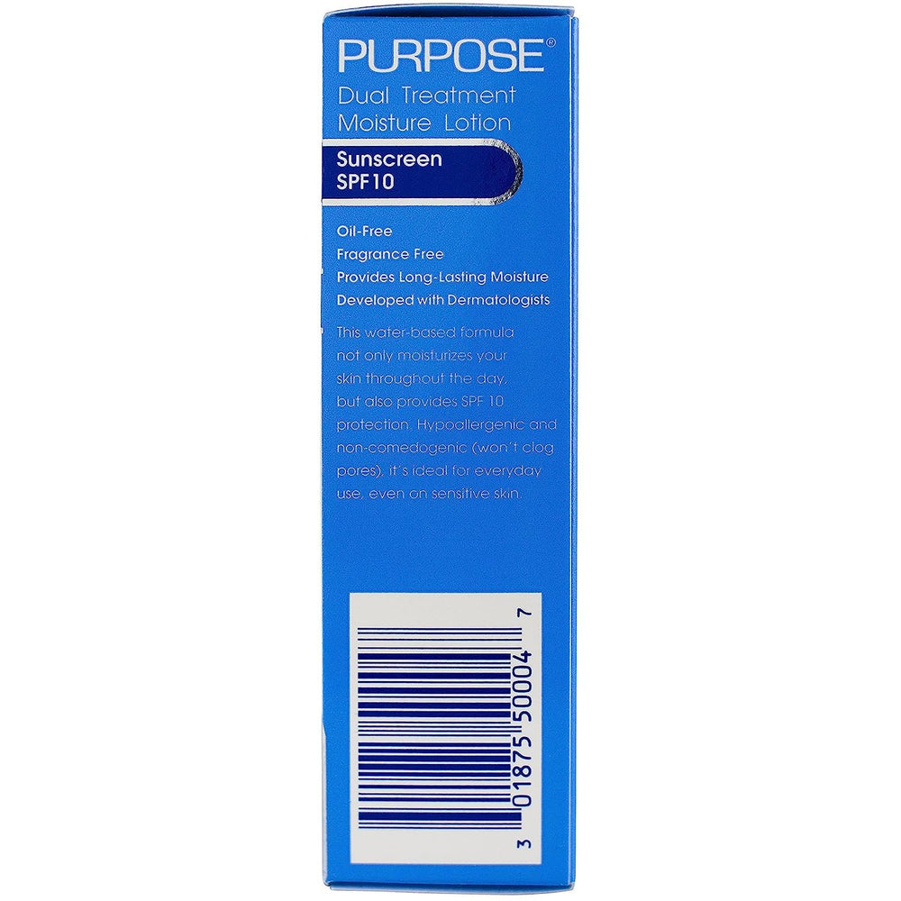 Purpose Hidratante Doble Acción SPF 10, etiqueta SPF visible para protección diaria.
