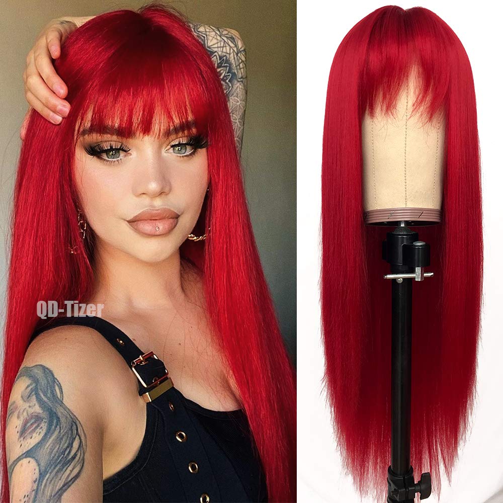 qd-tizer wig largo liso rojo con franjas para un look elegante en fiestas