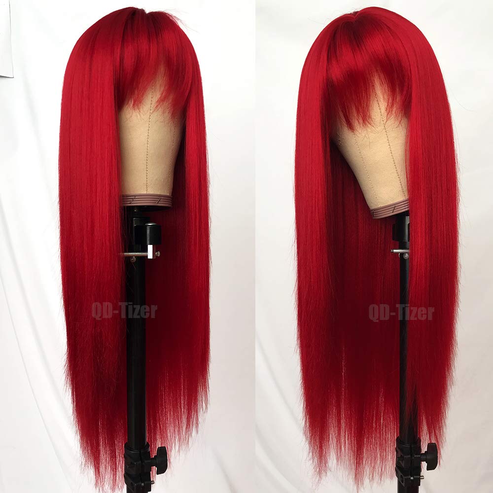 qd-tizer wig resistente al calor rojo, material sintético de aspecto real para cosplay