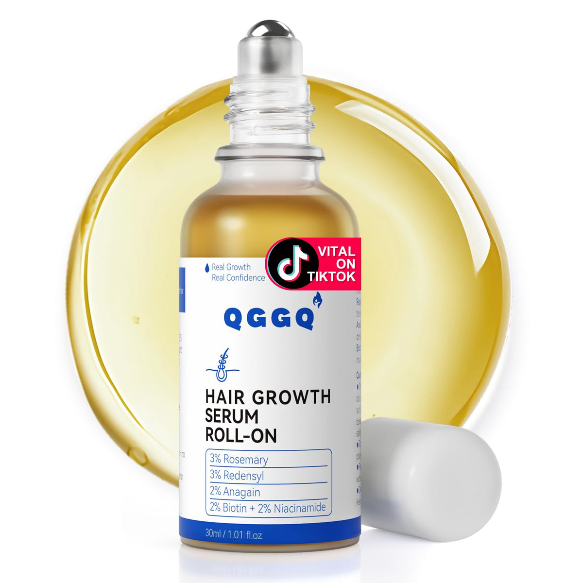 QGGQ suero para crecimiento capilar 30 ml: botella en primer plano para uso diario.