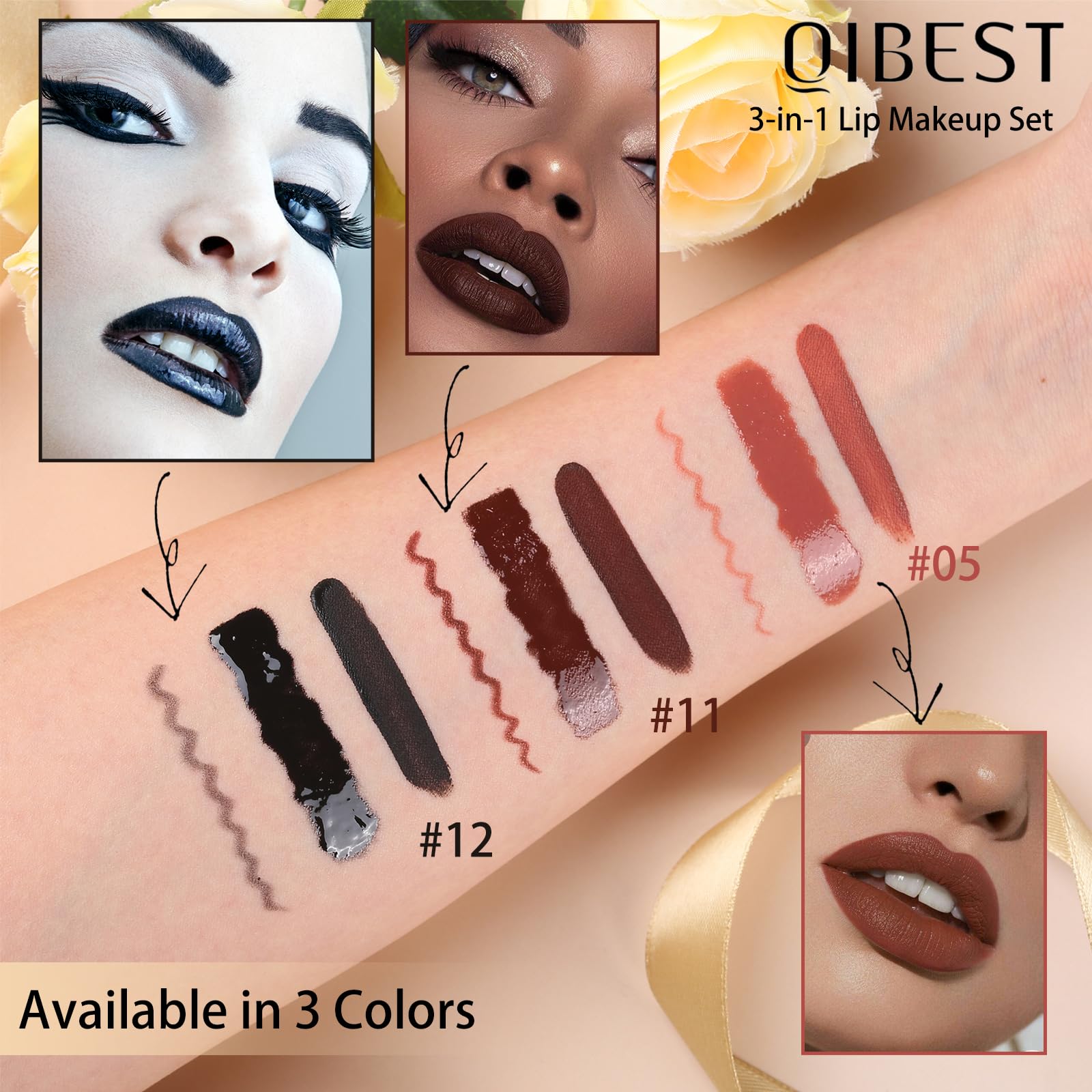 QiBest acabado brillo de labial para un toque sutil de luminosidad.
