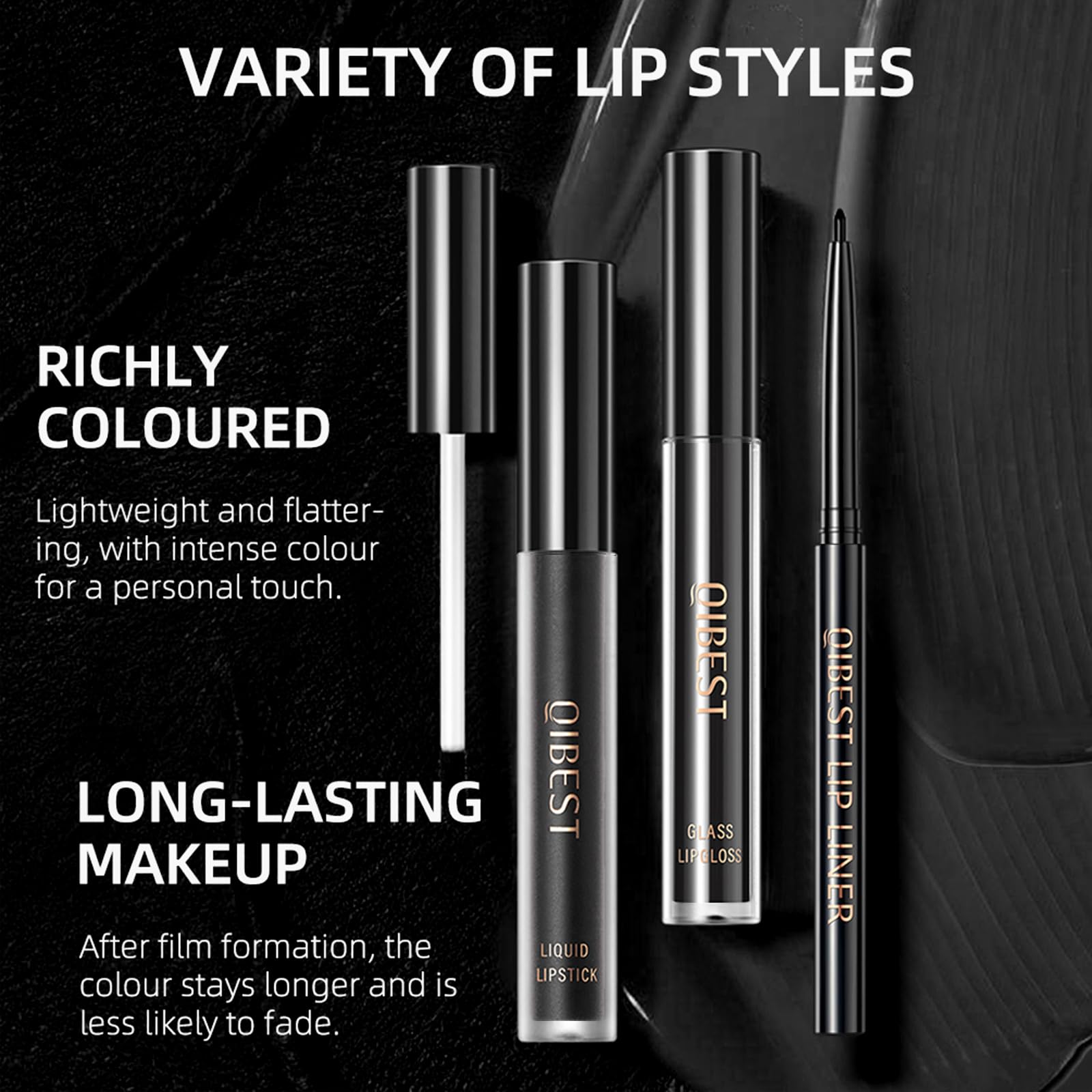 QiBest labial líquido negro brillante para un acabado luminoso.