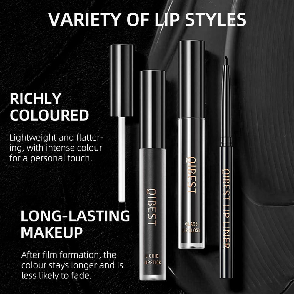 QiBest labial líquido negro brillante para un acabado luminoso.