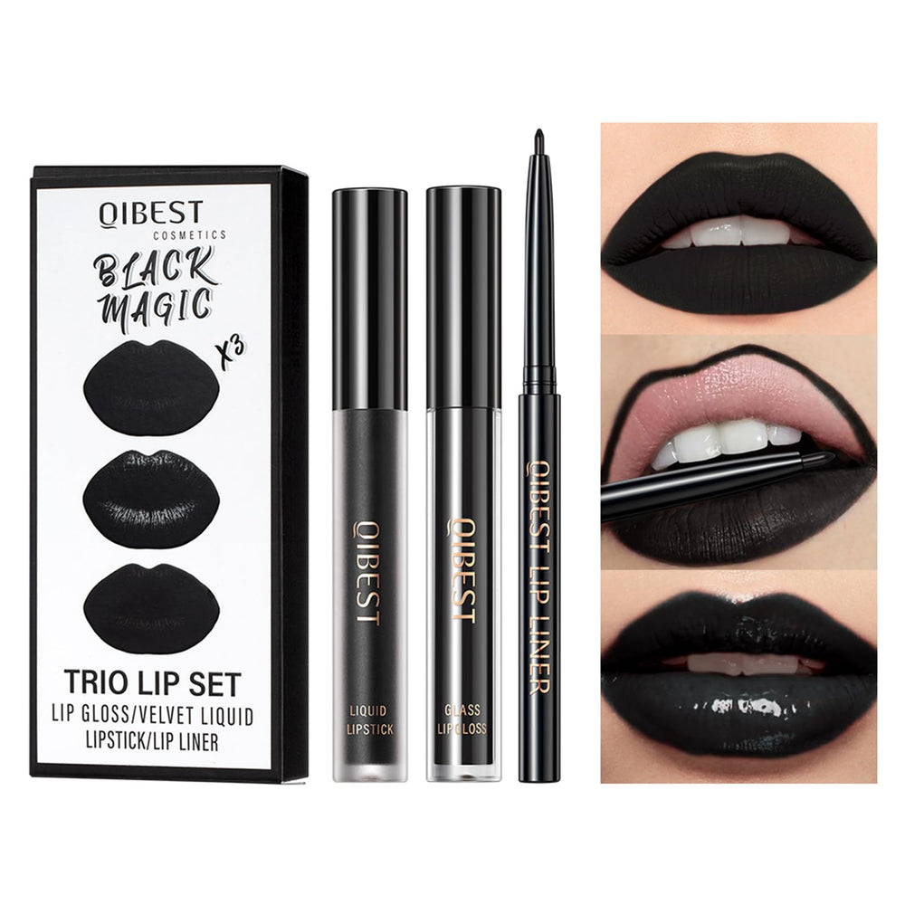 QiBest set 3 en 1 de labios negros, ideal para looks góticos.