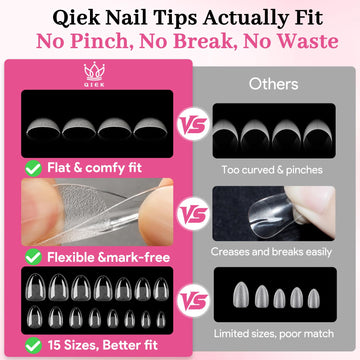 QIEK Long-lasting almond tips designed for extended wear and strength.