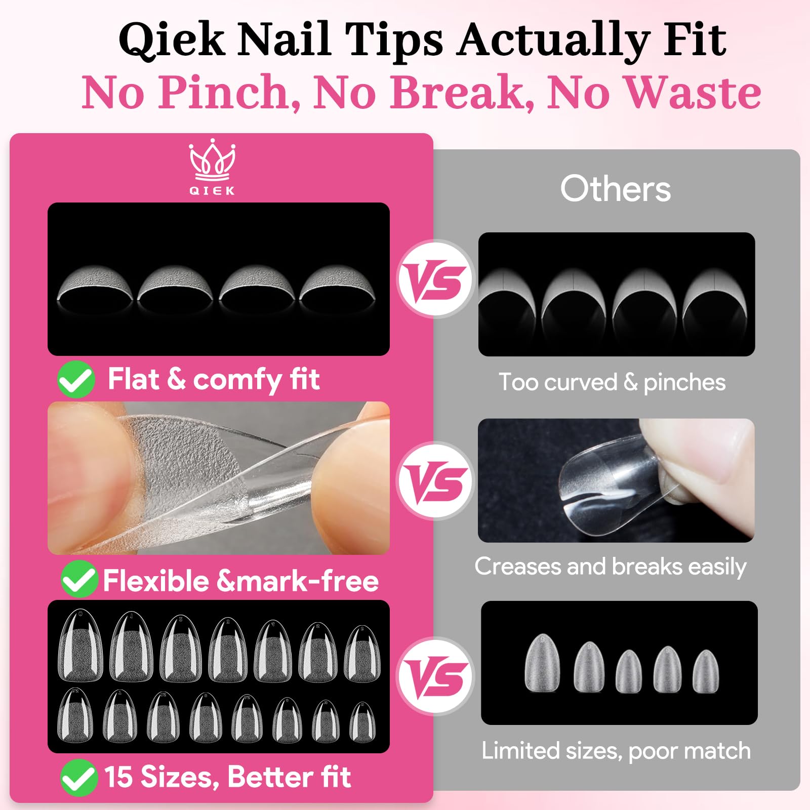 QIEK tips uñas, borde frontal grueso, resistencia mejorada para uso prolongado.
