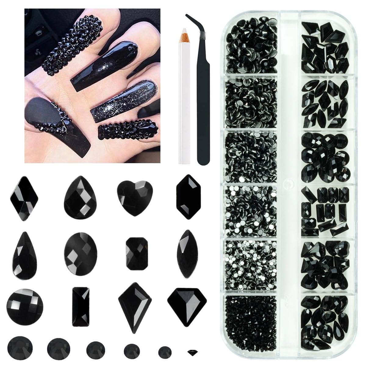 qiipii kit piedras uñas negro jet 72 formas, brillo facetado para uñas