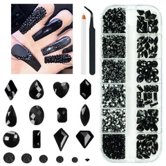 qiipii kit piedras uñas negro jet 72 formas, brillo facetado para uñas