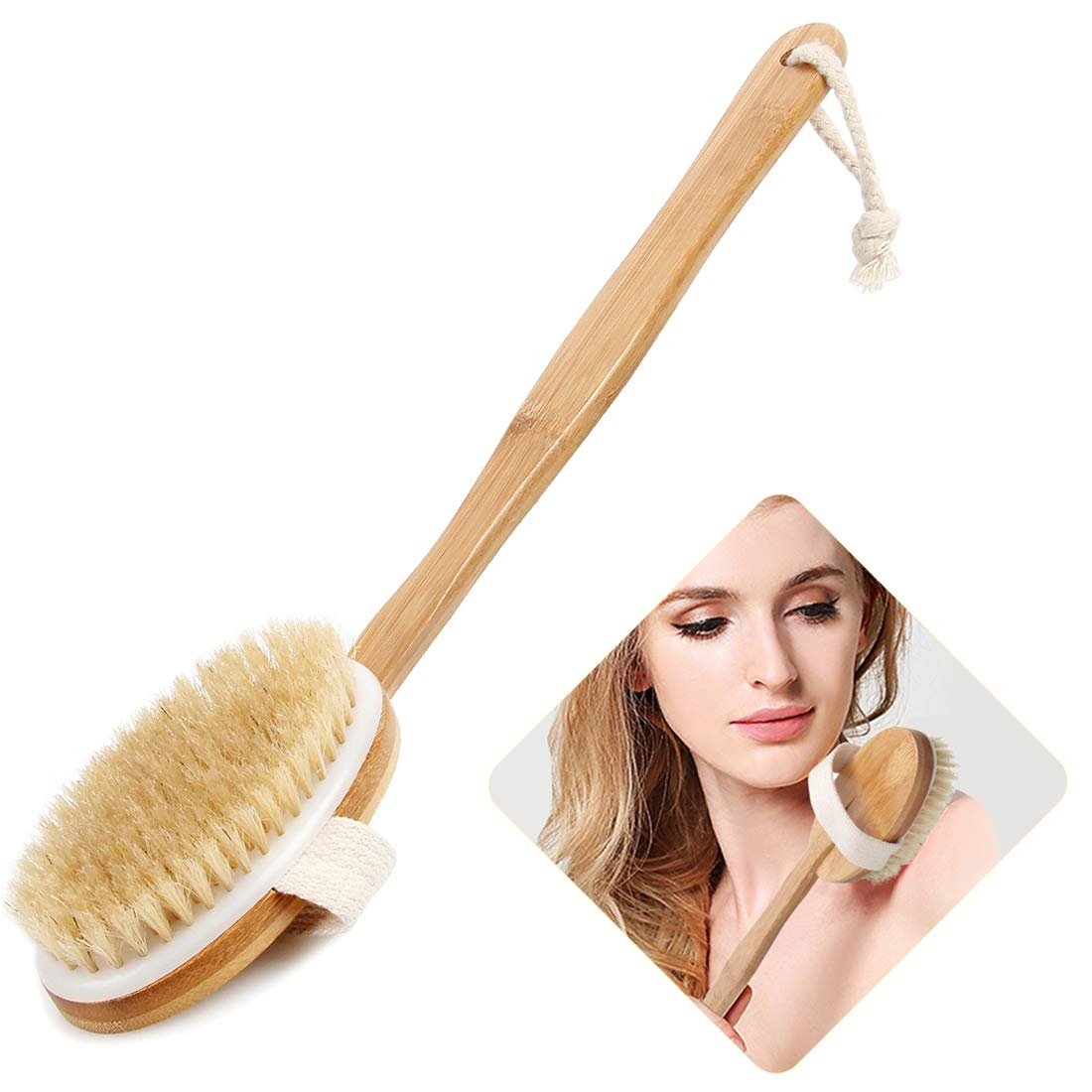 Qlben cepillo corporal con mango de bambú desmontable para exfoliar y alcanzar la espalda.