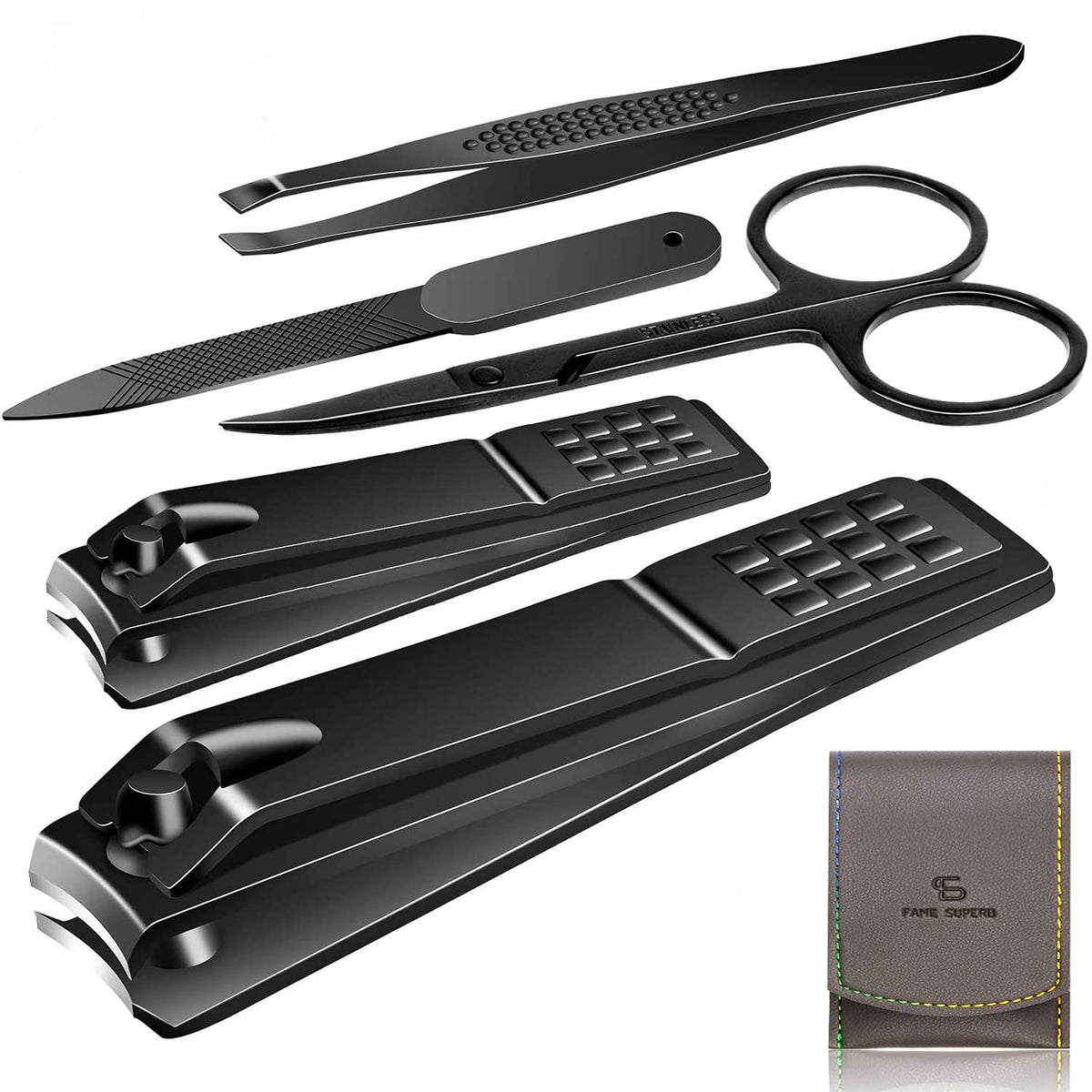 QLNE kit de manicura y pedicura con estuche gris-negro, vista frontal para viajar.