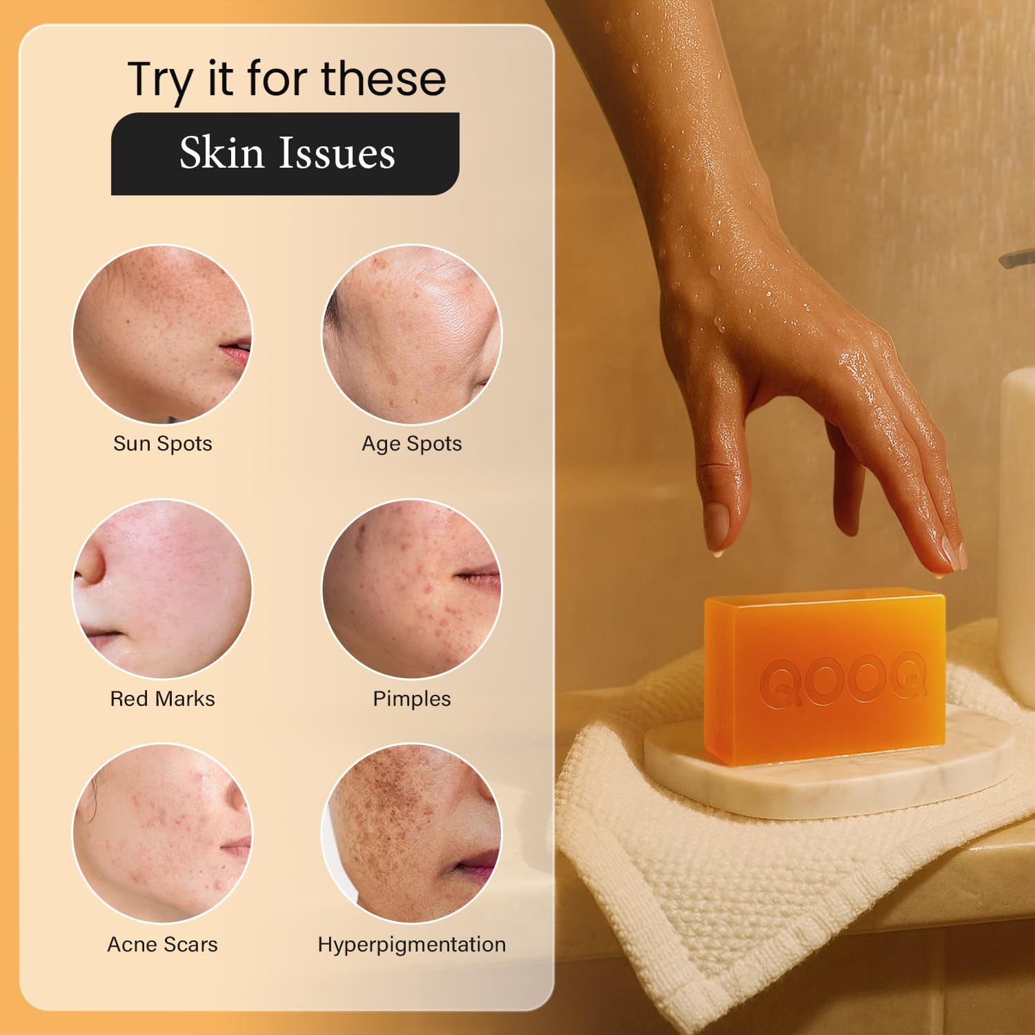 Jabón QOOQ, envase y color, enfoque en beneficios hidratantes para piel sensible.