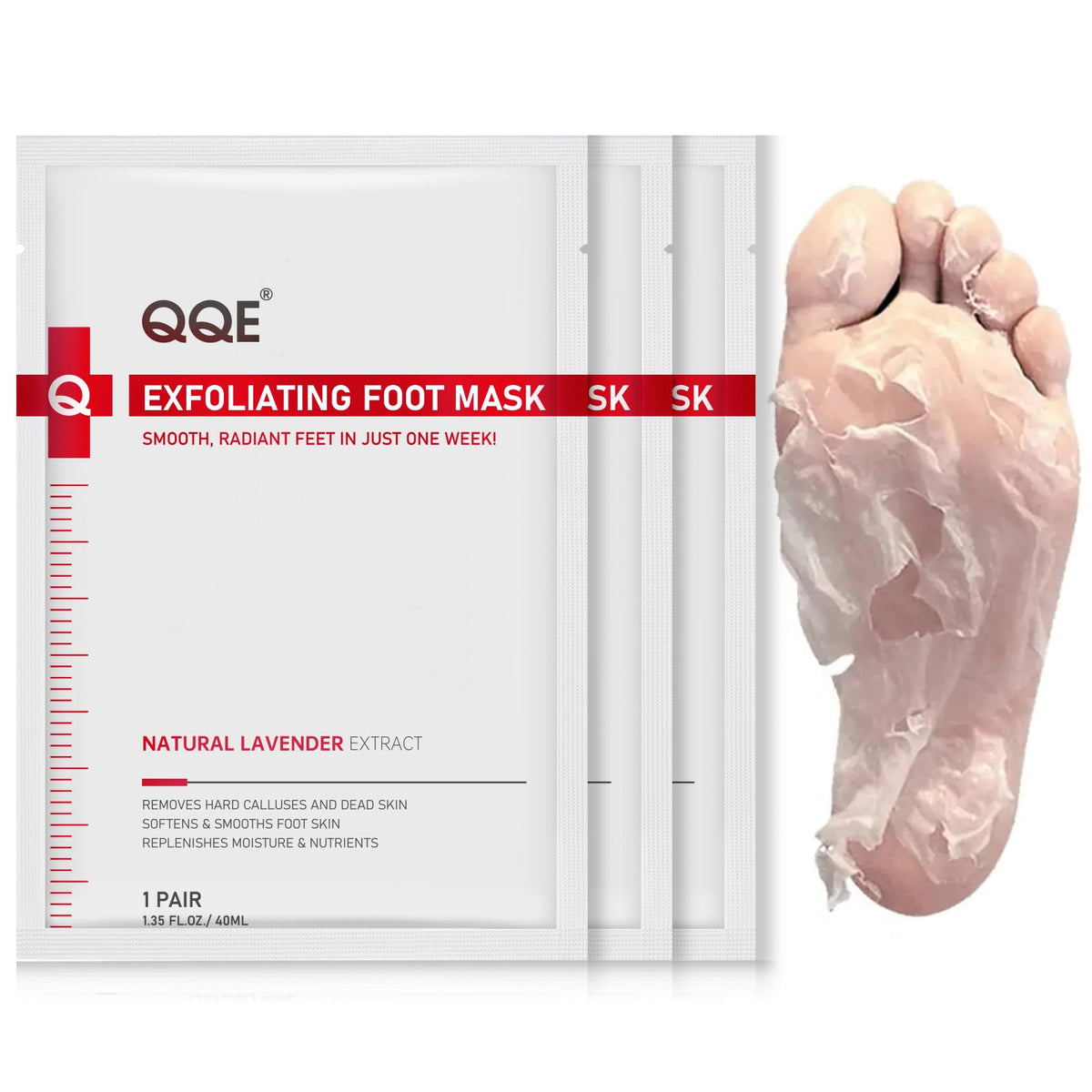 QQE mascarilla exfoliante para pies 3-pack: empaque compacto y práctico.