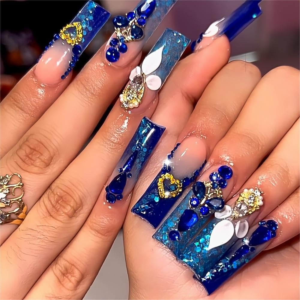 QQPPOLIU Uñas adheribles azul real de largo estilo ataúd con brillo para un look elegante