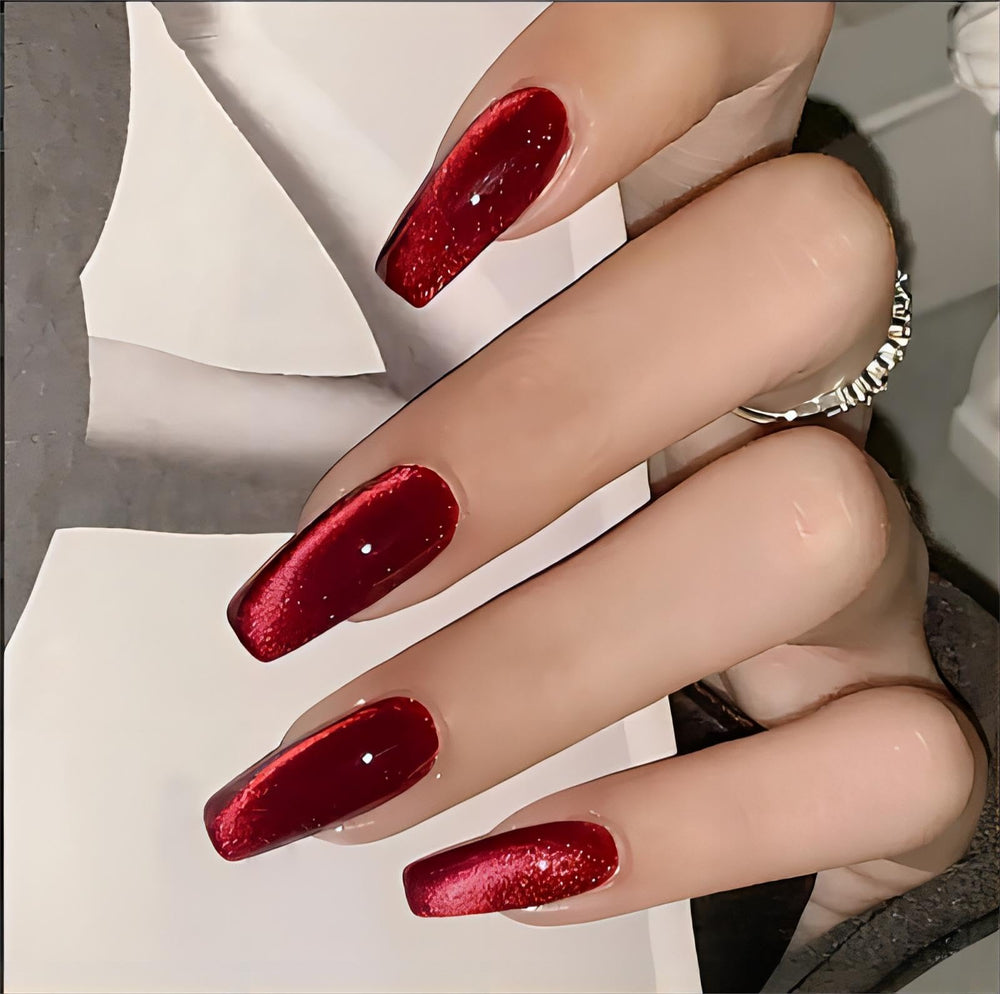 QQPPOLIU uñas adhesivas rojas coffin con diseño ojo de gato para look destacado