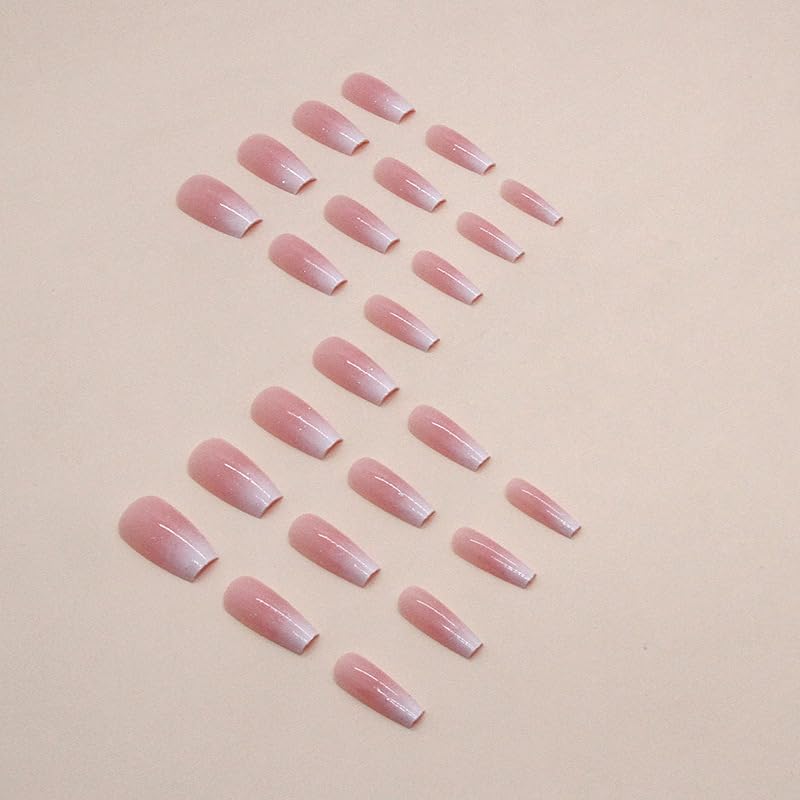 QQPPOLIU uñas postizas forma ataúd rosa ombre con glitter para salidas