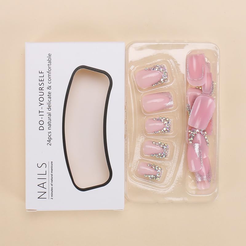 QQPPOLIU uñas postizas rosa y plata para acabado suave y glamoroso