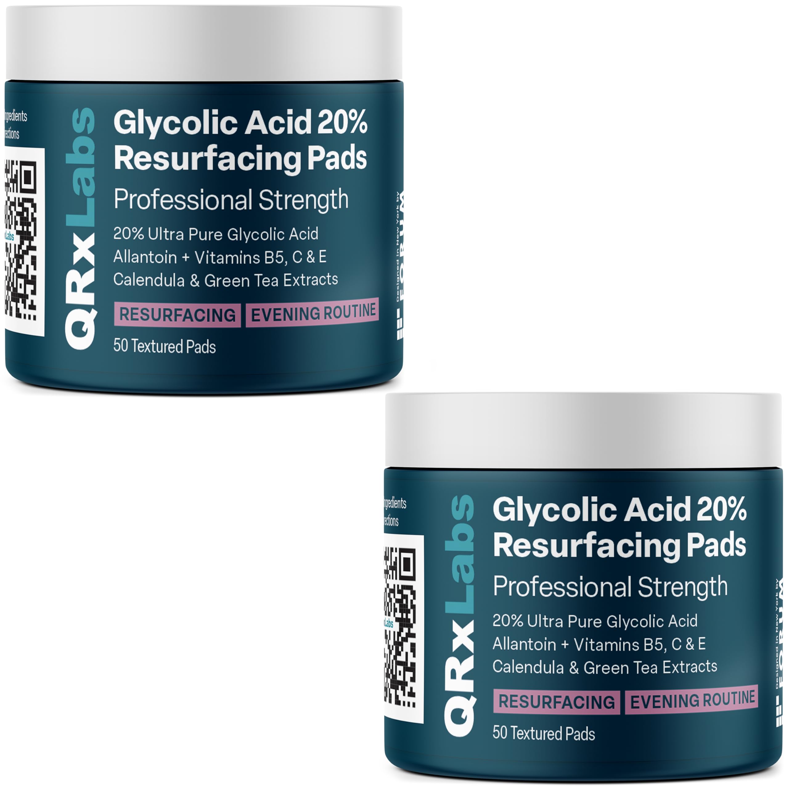 QRxLabs toallitas de ácido glicólico, bote frontal para exfoliación suave.
