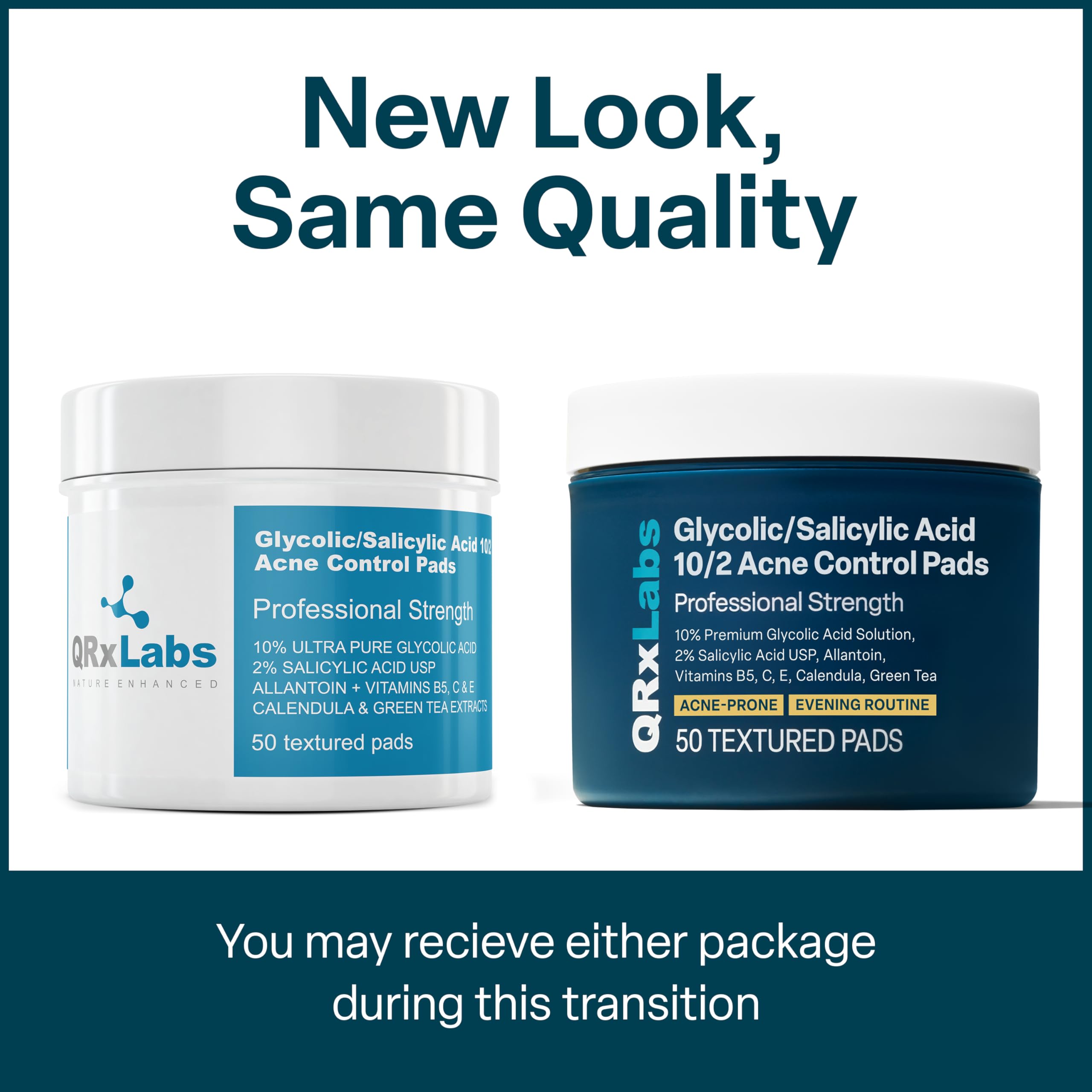 Envase de 50 unidades de QRxLabs, conveniente para rutina diaria