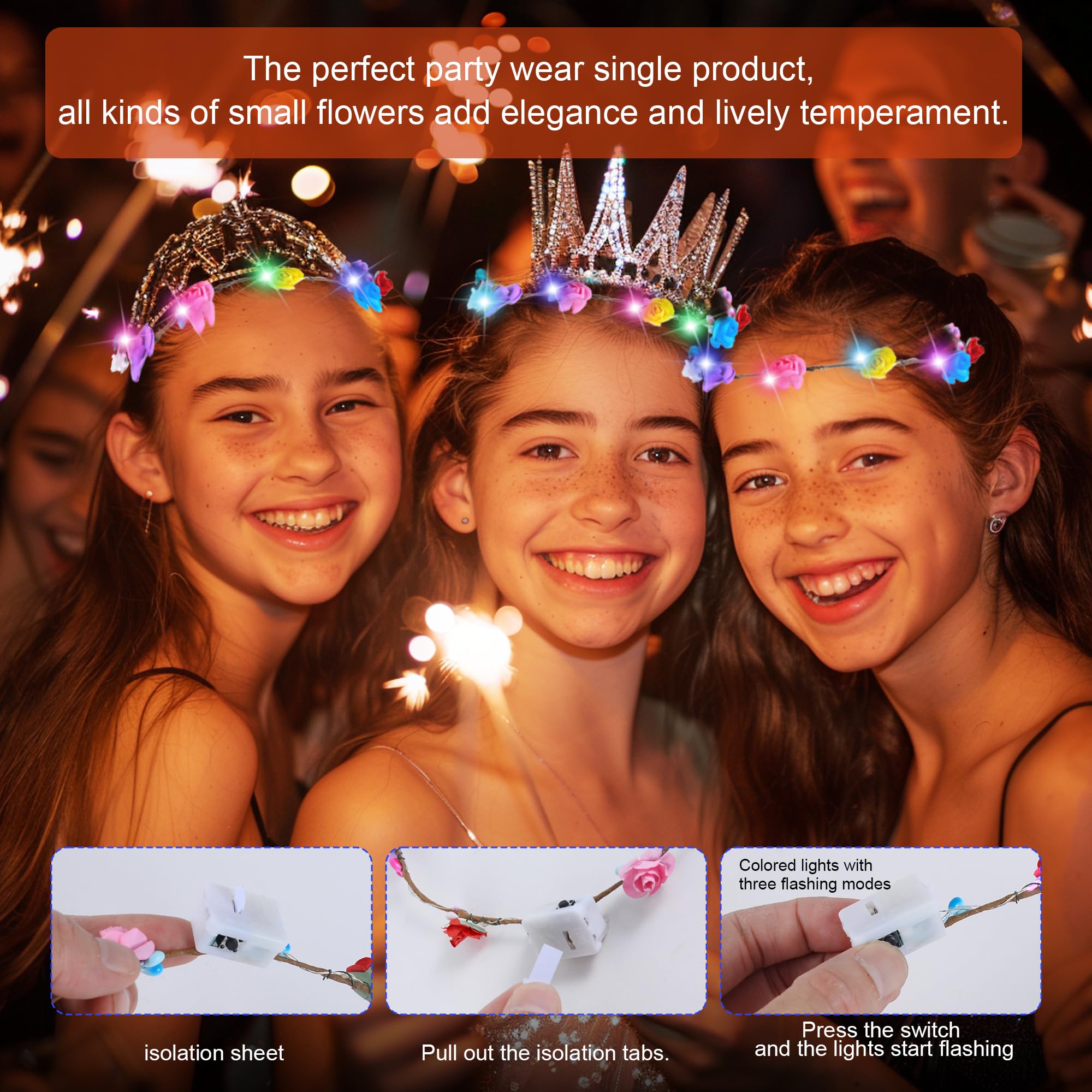 QSJQAMG corona de flores LED, materiales seguros y medioambientales para uso prolongado.