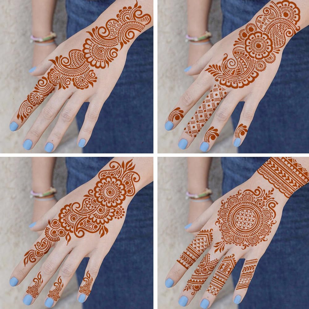 Diseños florales de plantillas QSTOHENA para mehndi en antebrazo.