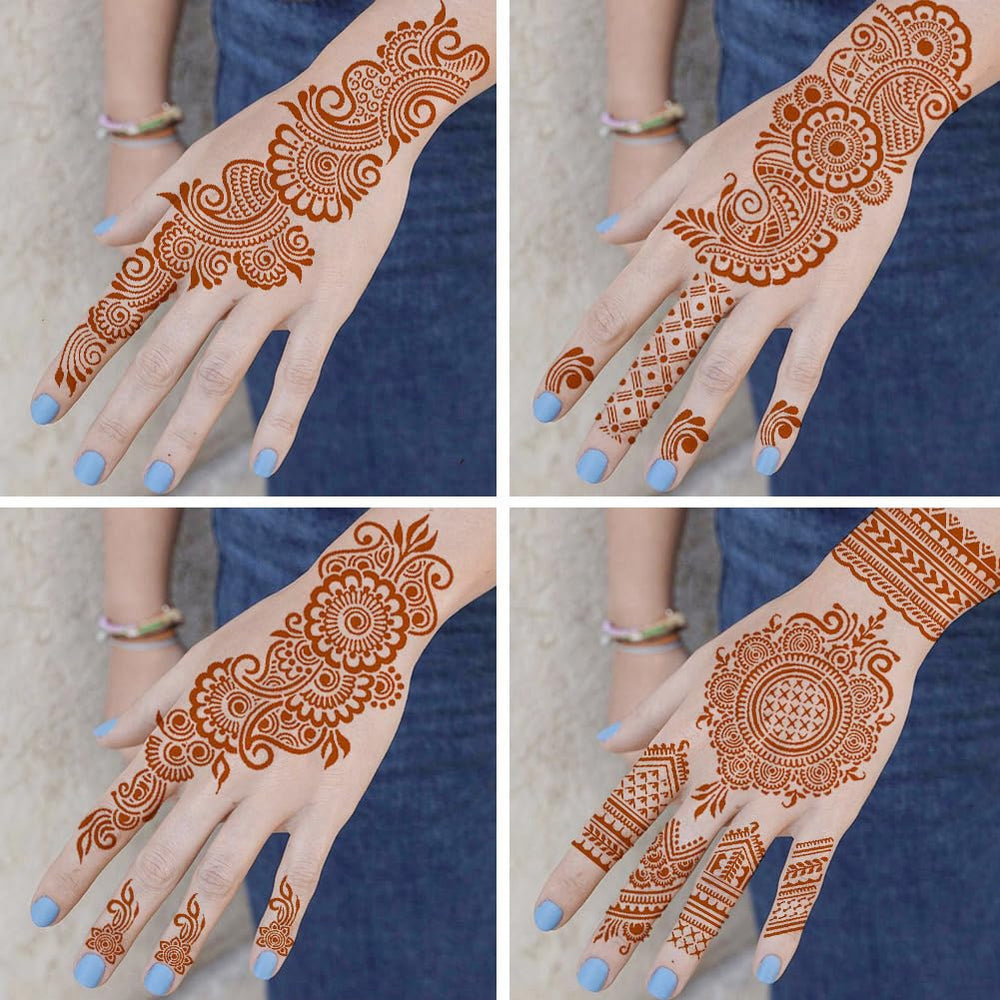 Diseños florales de plantillas QSTOHENA para mehndi en antebrazo.
