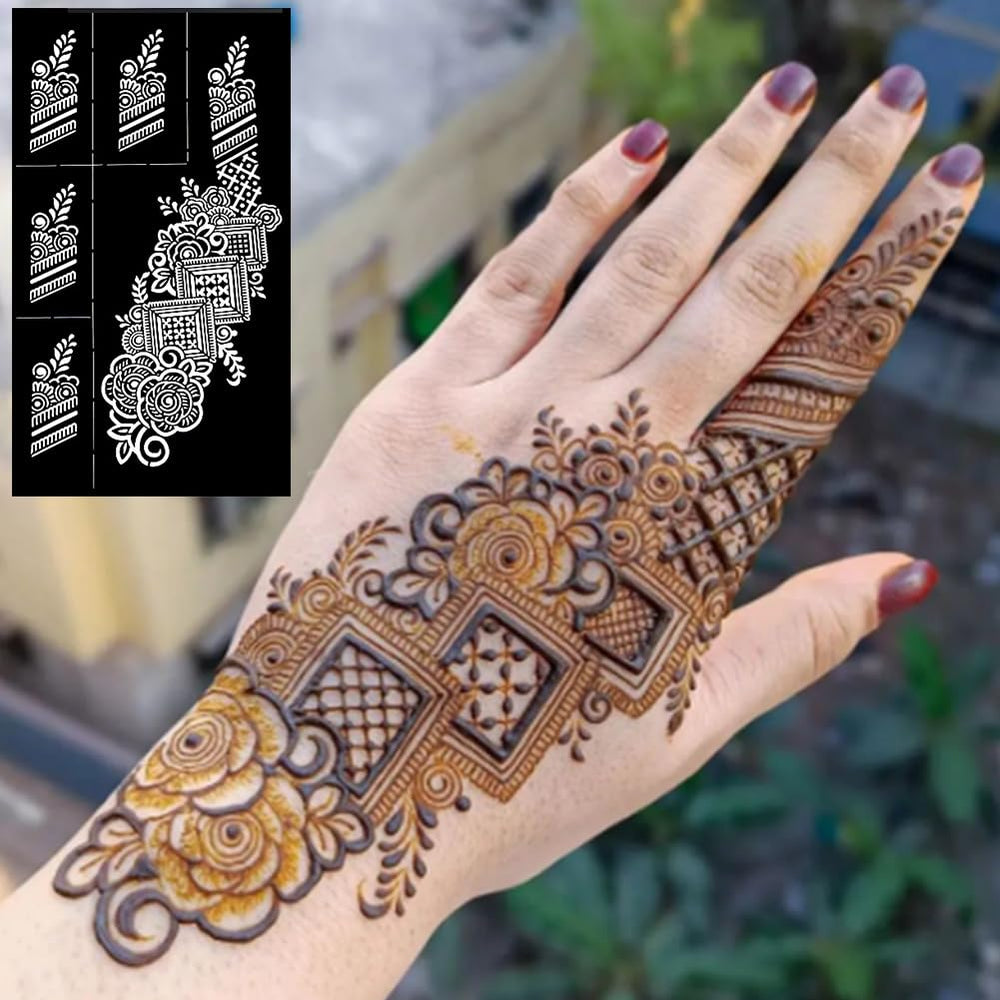 Aplicación de henna en la mano con plantillas QSTOHENA para tatuaje temporal.