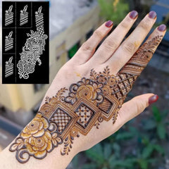Aplicación de henna en la mano con plantillas QSTOHENA para tatuaje temporal.