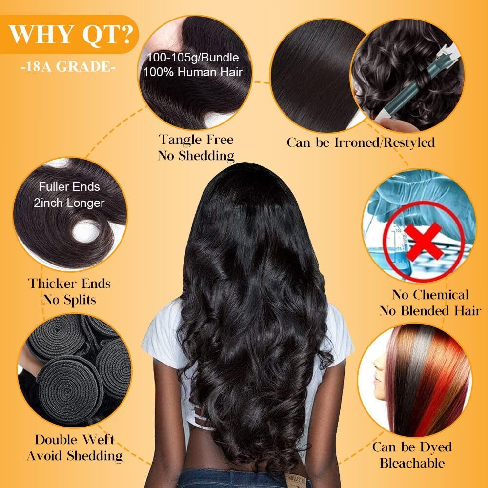 QTHAIR cabello virgen brasileño con ondas de cuerpo 18 pulgadas, tacto suave y brillo.