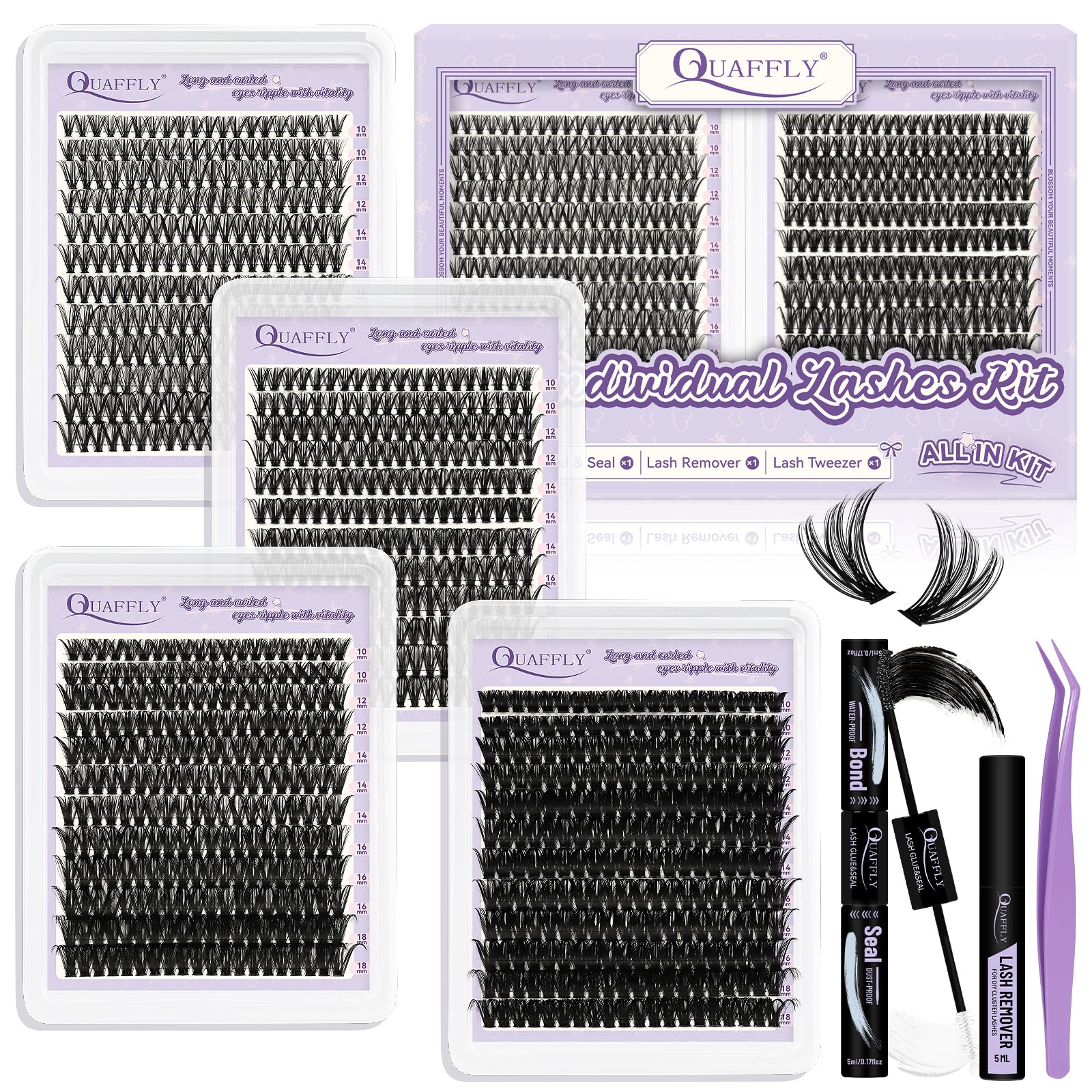 Kit QUAFFLY con pestañas de curva D, variedad para looks naturales y dramáticos.